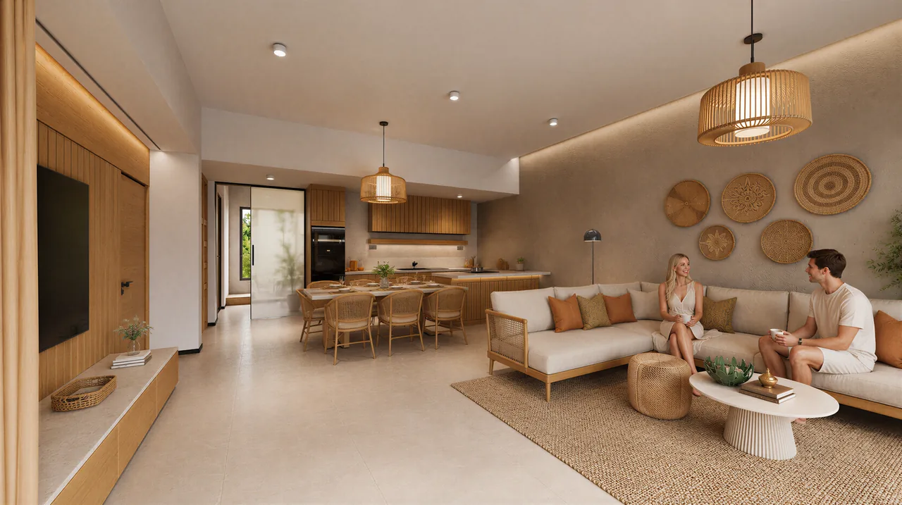Open-plan villa living room with poolside view