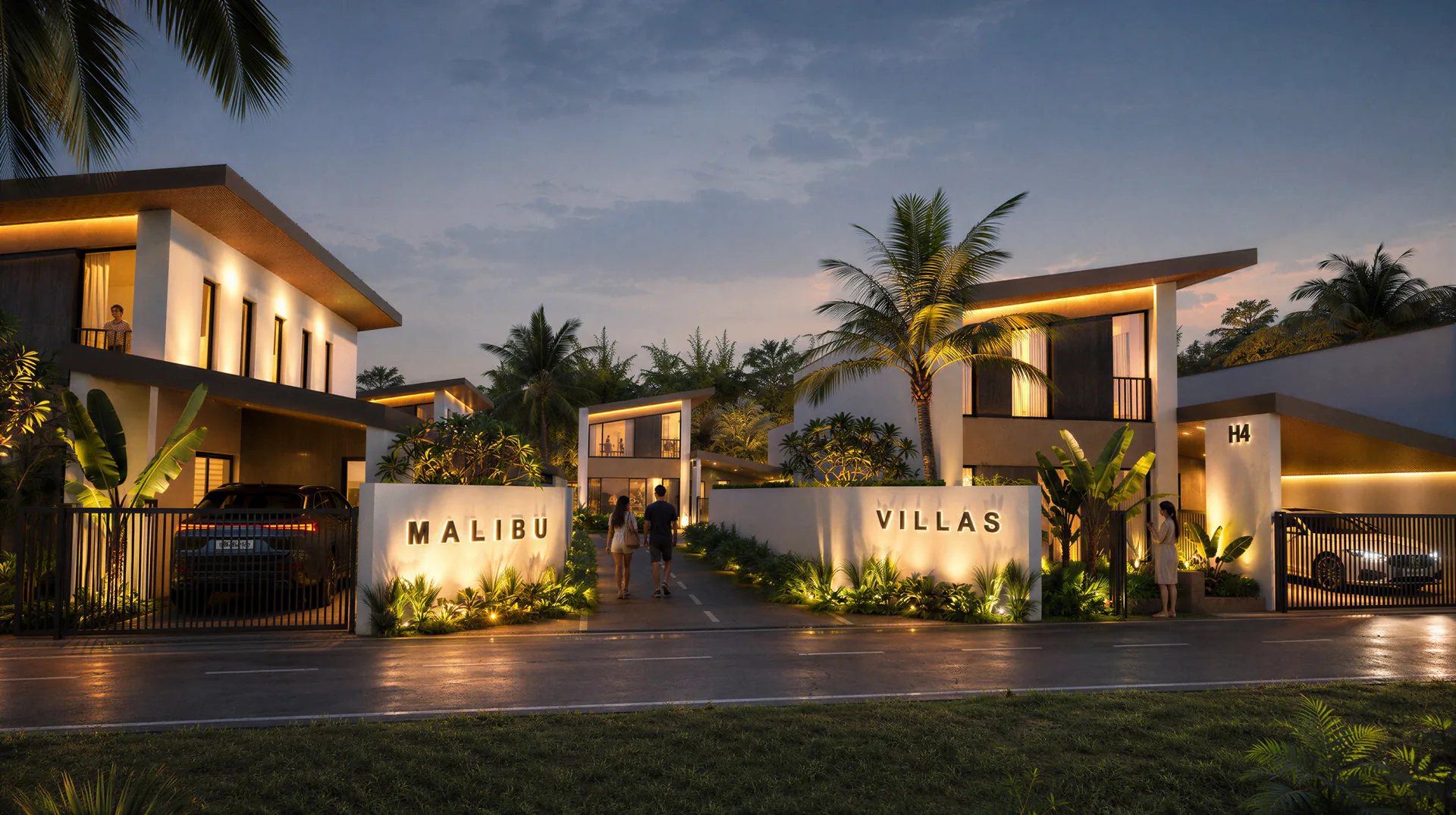 Villa street and tropical residential setting